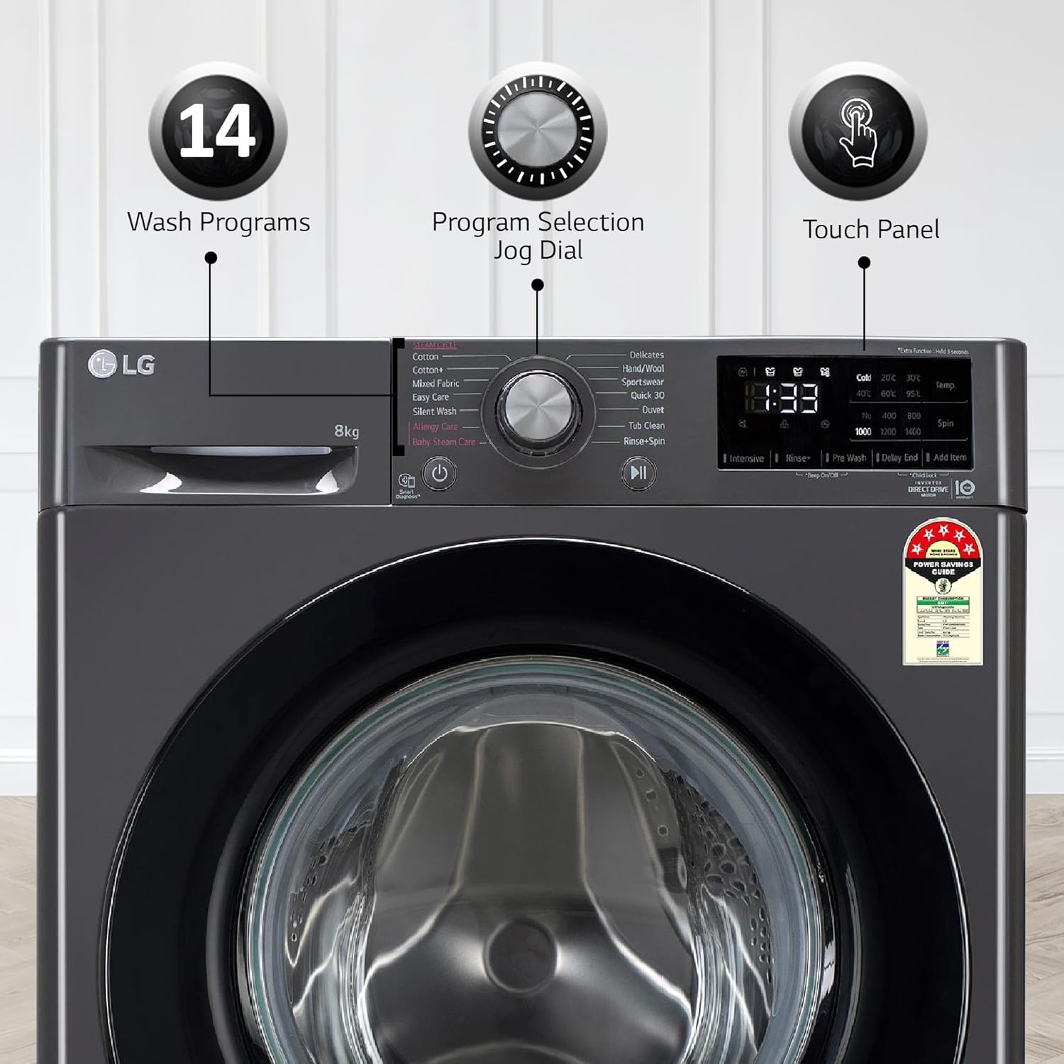 LG FHP1208Z3M 8 Kg, 5 Star, AI Direct Drive Technology, Steam & 6 Motion DD Fully-Automatic Front Load Washing Machine ( Intelligent & Convenient Fabric Care, Allergy Care, Middle Black) Mahajan Electronics Online