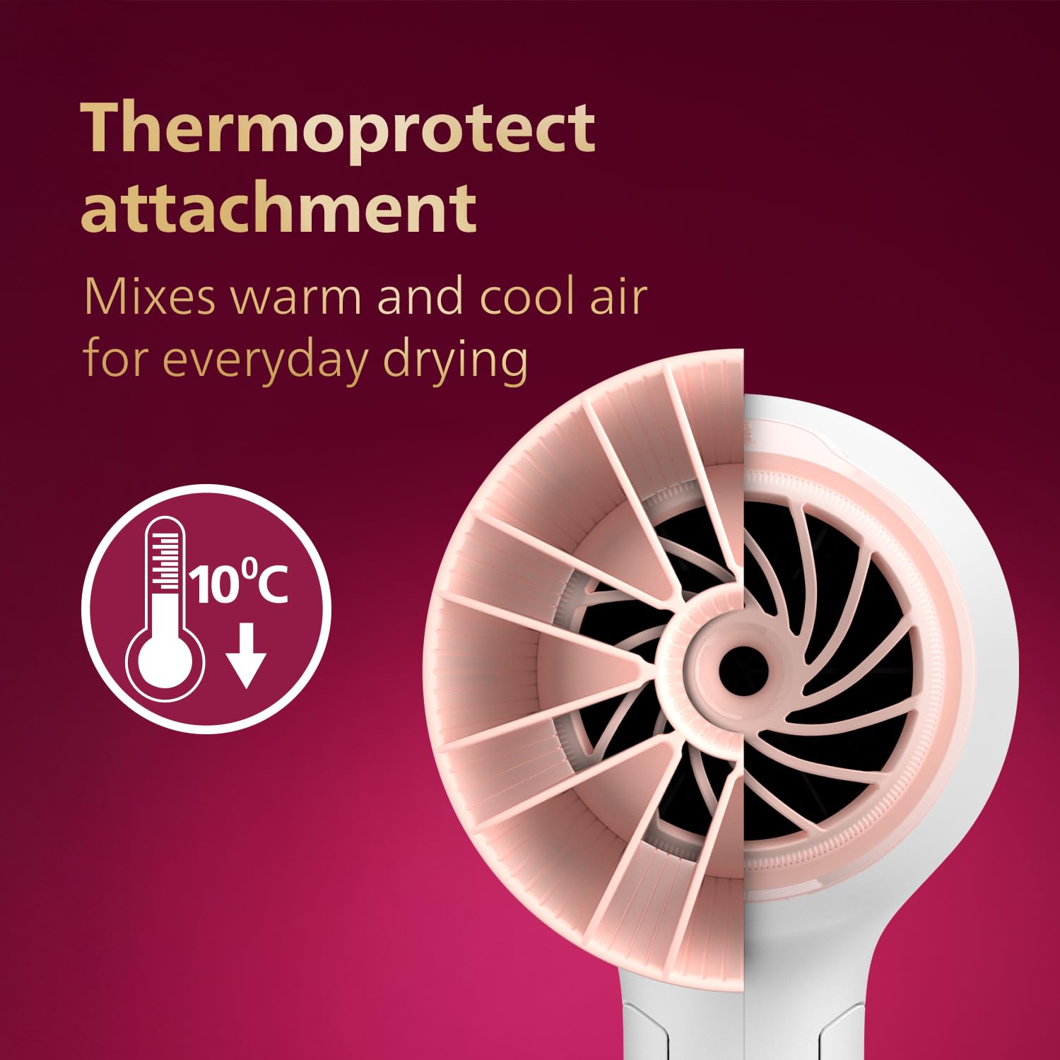 Philips BHD308/30 Foldable Hair Dryer 1600 Watts| Heat Settings with Cool Shot (Hot/Cool/Warm) | ThermoProtect Airflower Attachment- Pink | White | Perfect Blow Dry & Style for Men and Women | 2 years Warranty Philips