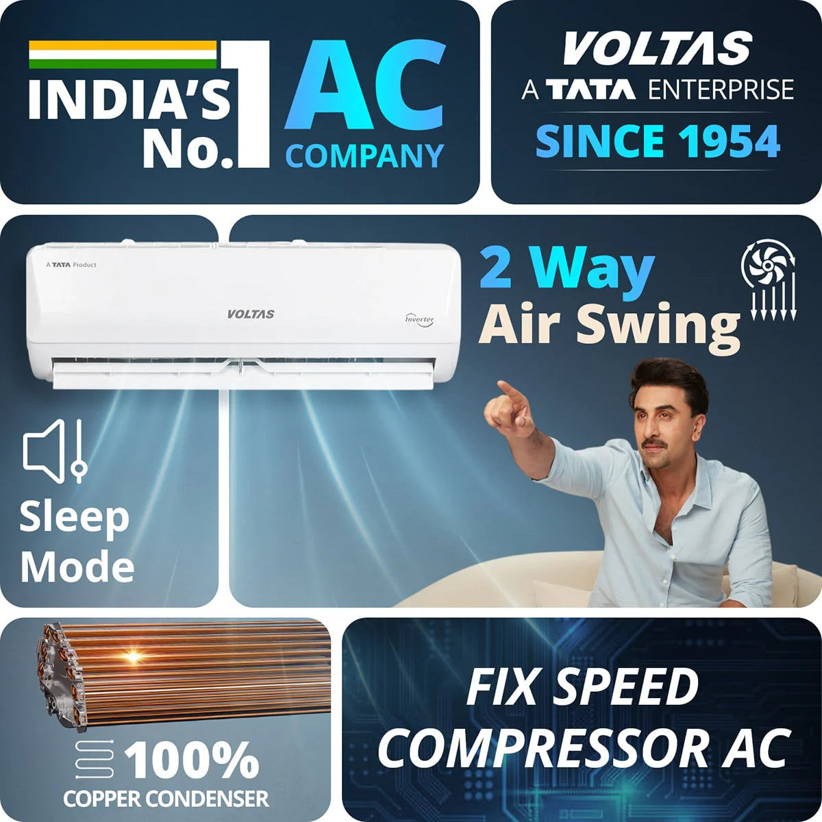 Voltas 122FS Emerald 1 Ton 2 Star Fixed Speed Split AC mahajan electronics online