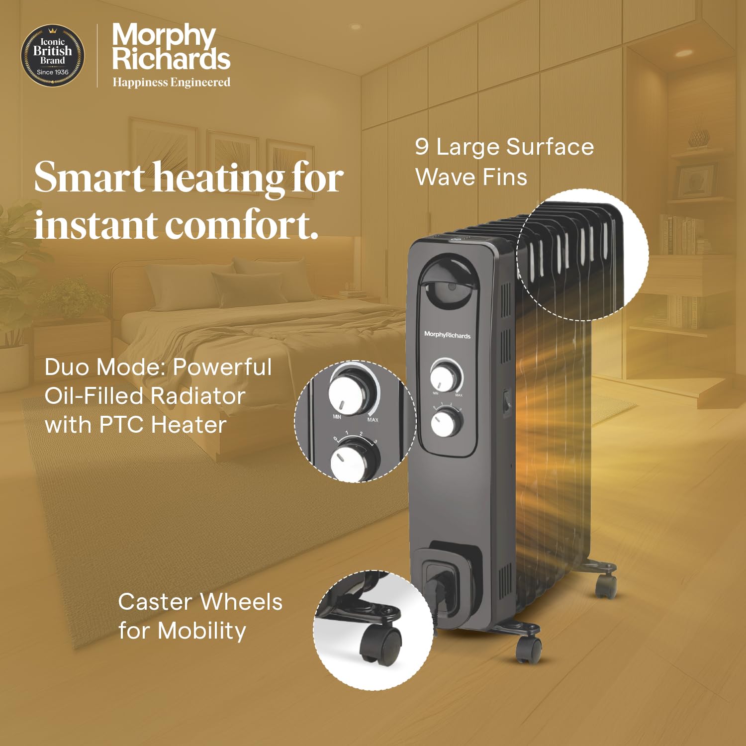 Morphy Richards OFR Room Heater, 9F WAVE FIN Fin 2400 Watts Oil Filled Room Heater with 400W PTC Ceramic Fan Heater, ISI Approved (Black) Mahajan Electronics Online
