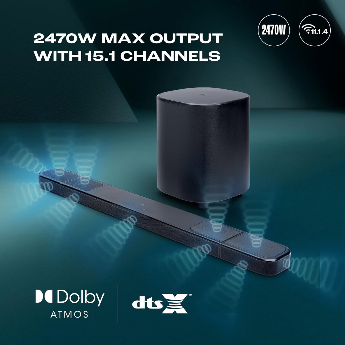 JBL Bar 1000 MK2, 11.1 (7.1.4) Channel Truly Wireless Soundbar with True Dolby Atmos®, DTS:X, & MultiBeam™ Surround Sound, 10” Down-Firing Wireless Subwoofer, HDMI eARC, WiFi, One App, 960W Jbl