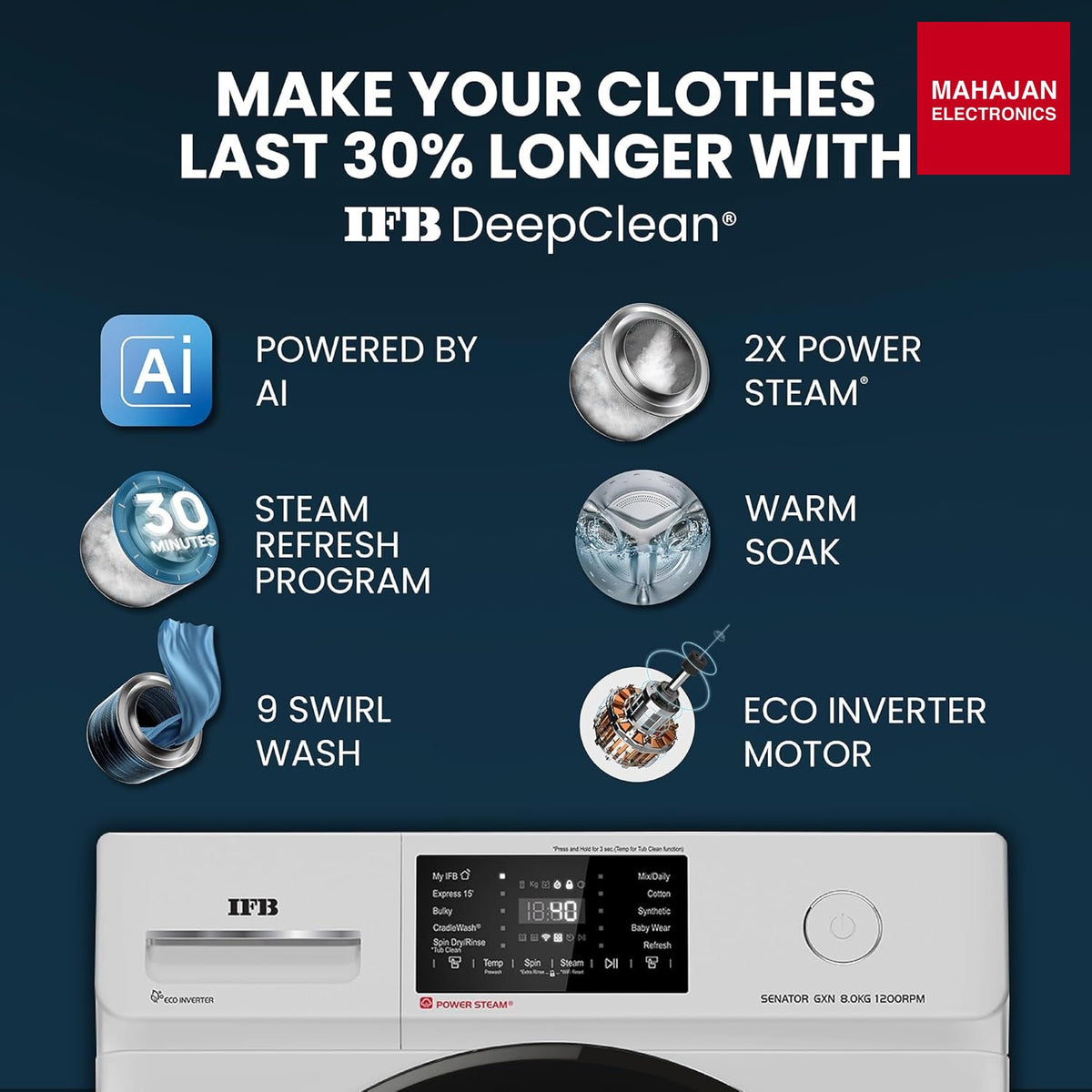 IFB SENATOR GXN 8012 CMS 8 Kg 5 Star, DeepClean® Technology, AI Powered, WiFi, Fully Automatic Front Load Washing Machine ( PowerSteam®, 9 Swirl, Steam Refresh, – Mahajan Electronics Online.
