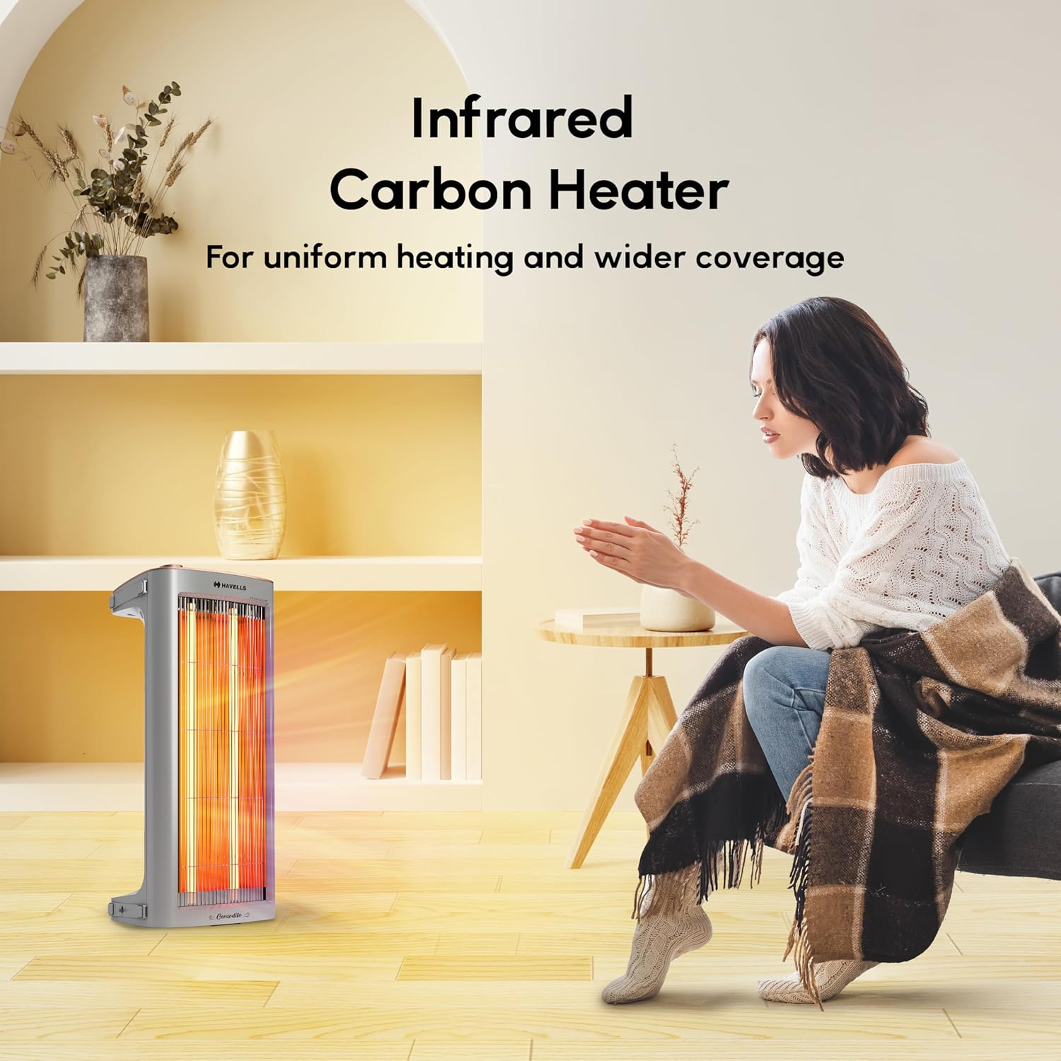 Havells Comodito 900 Watt Room Heater | Safety Grill, 120 Minute Sleep Timer Control knob | Rust Free Stainless Steal Reflector, Carbon Fiber Rods, Power Off & Heat Setting | (Pack of 1, Grey) GHRGHCHE090 Mahajan Electronics Online