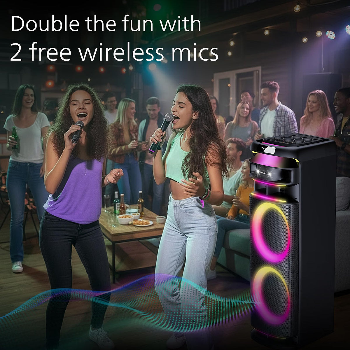 PHILIPS TAX5004 500W Bluetooth Party Speaker with 2 Free Wireless Mic, Powerful Sound, Deep Bass, RGB Lights, LED Display, Portable Loudspeaker with USB, AUX, DJ Party Effects for House Party Philips