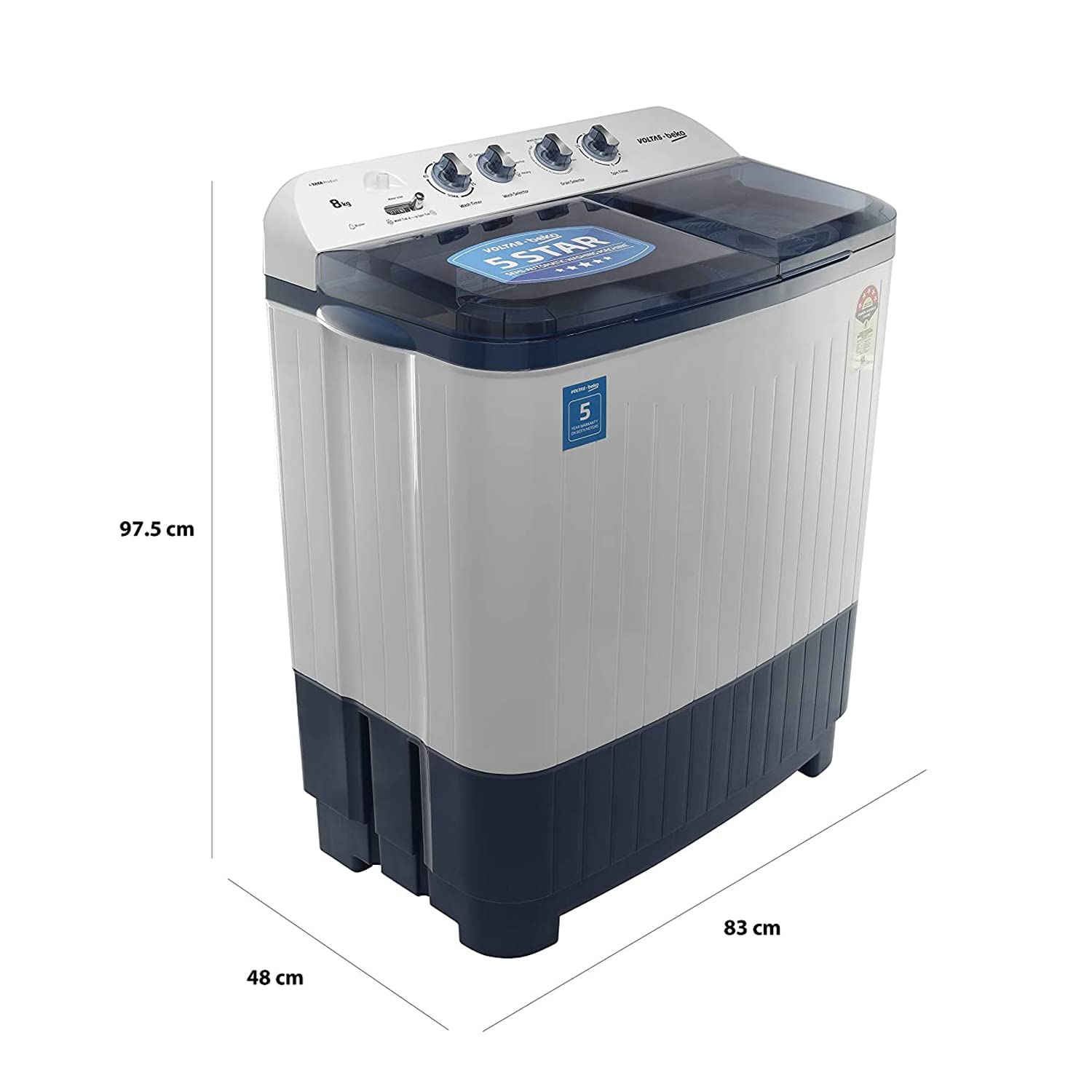 Voltas Beko WTT80DBLT 8 Kg Semi-Automatic Top Load Washing Machine | Double Waterfall | Soft Close Lid | Dual Cassette Filter | 1300 RPM Fast Dry | Sky Blue | Mahajan Electronics Voltas Beko