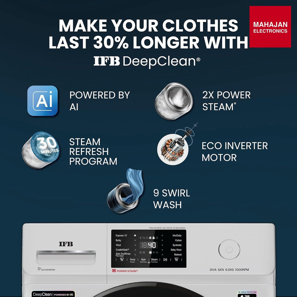 IFB DIVA GXN 6010 CMS 6 Kg 5 Star, DeepClean® Technology, AI Powered, Fully Automatic Front Load Washing Machine ( PowerSteam®, 9 Swirl, Steam Refresh, Inbuilt Heater, Eco Inverter, Grey) – Mahajan Electronics Online.