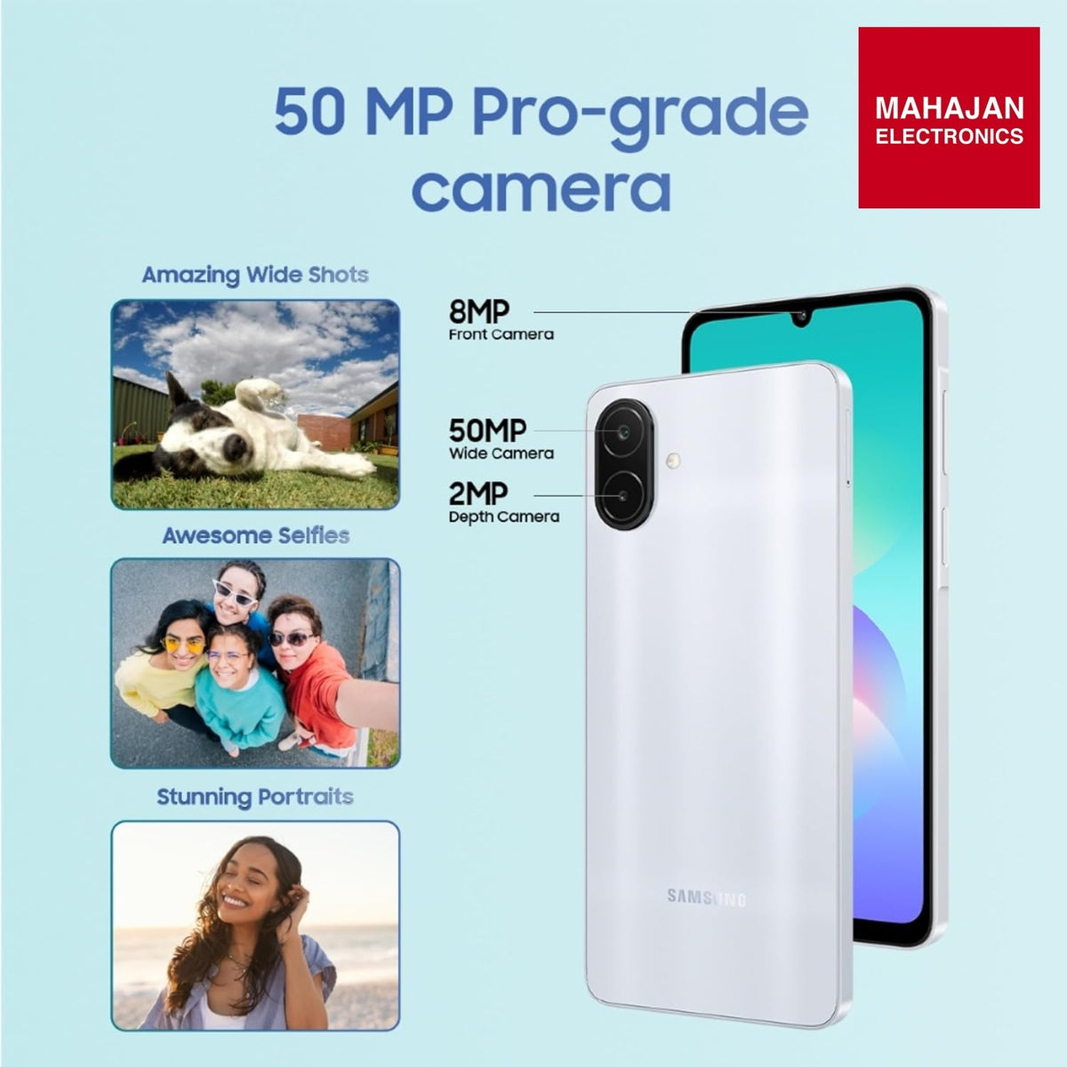 Samsung Galaxy A08 LTE (Silver, 4GB RAM, 64GB Storage), MediaTek Helio G99+ (6nm), 50MP Dual Camera, 6000mAh Battery, IP64 Rating, 6 Gen OS Upgrades – Mahajan Electronics Online.