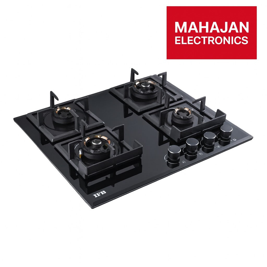 Black gas stove with four burners on a white background, featuring the Mahajan Electronics logo.