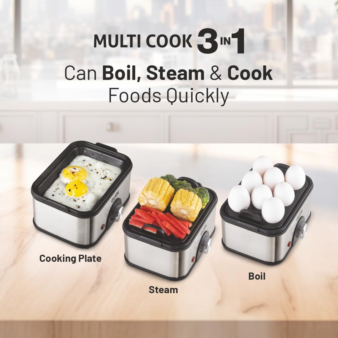 Glen SA3035 MC PLUS 3 in 1 Electric Multi Cooker Steam Egg Boiler with Extra Layer Rack - Steam, Cook & Boil, 350W, 45 Minutes Timer, Boils up to 14 Eggs at a time, boil dry protection with lid