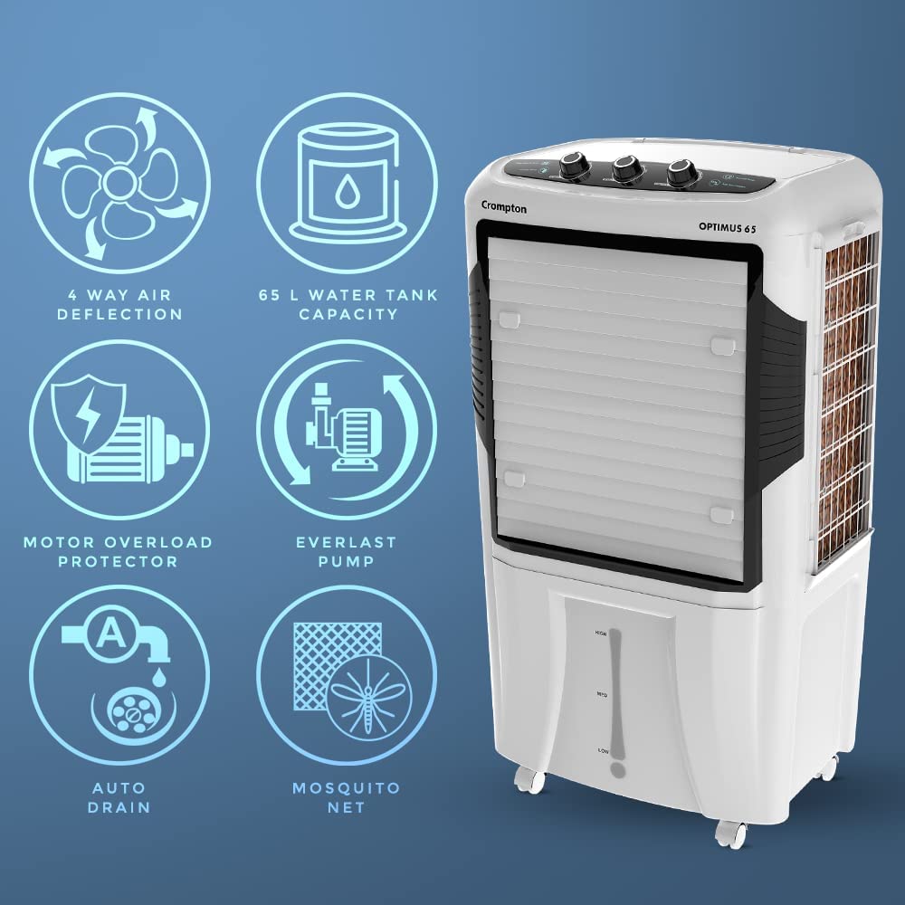 Crompton Optimus 65 Desert Air Cooler- 65L; with 18” Fan, Everlast Pump Mahajan Electronics Online