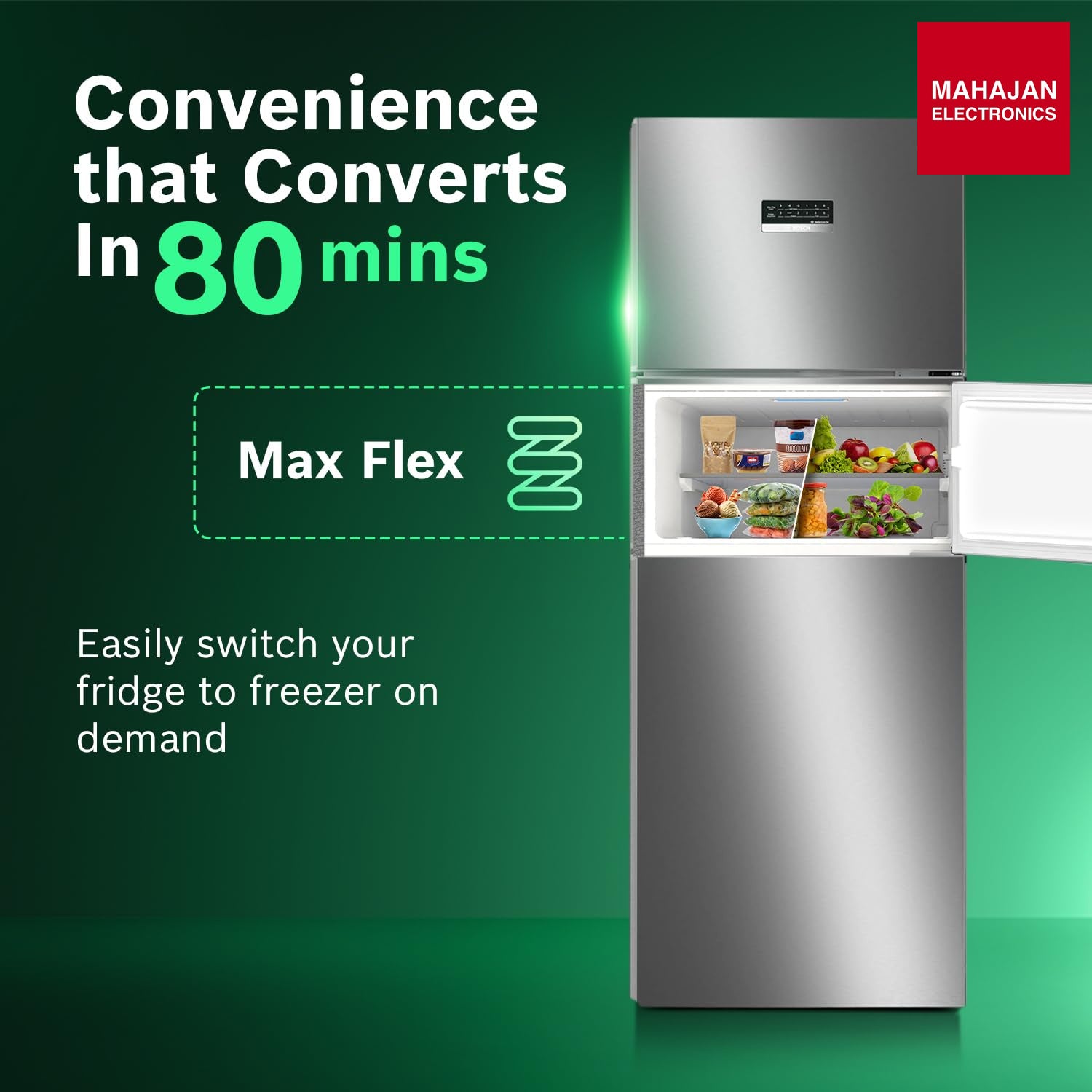 Bosch CMC33K03NI 302L, 3 Star, MaxFlex Convert Frost Free Triple Door Refrigerator | 8-in-1 Convertible Storage Modes | 57L Extra Convertible Zone | Cool Extend up to 18 hours (, Smokey Steel) Bosch online mahajan electronics