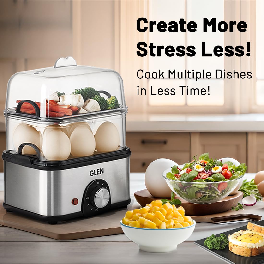 Glen SA3035 MC PLUS 3 in 1 Electric Multi Cooker Steam Egg Boiler with Extra Layer Rack - Steam, Cook & Boil, 350W, 45 Minutes Timer, Boils up to 14 Eggs at a time, boil dry protection with lid