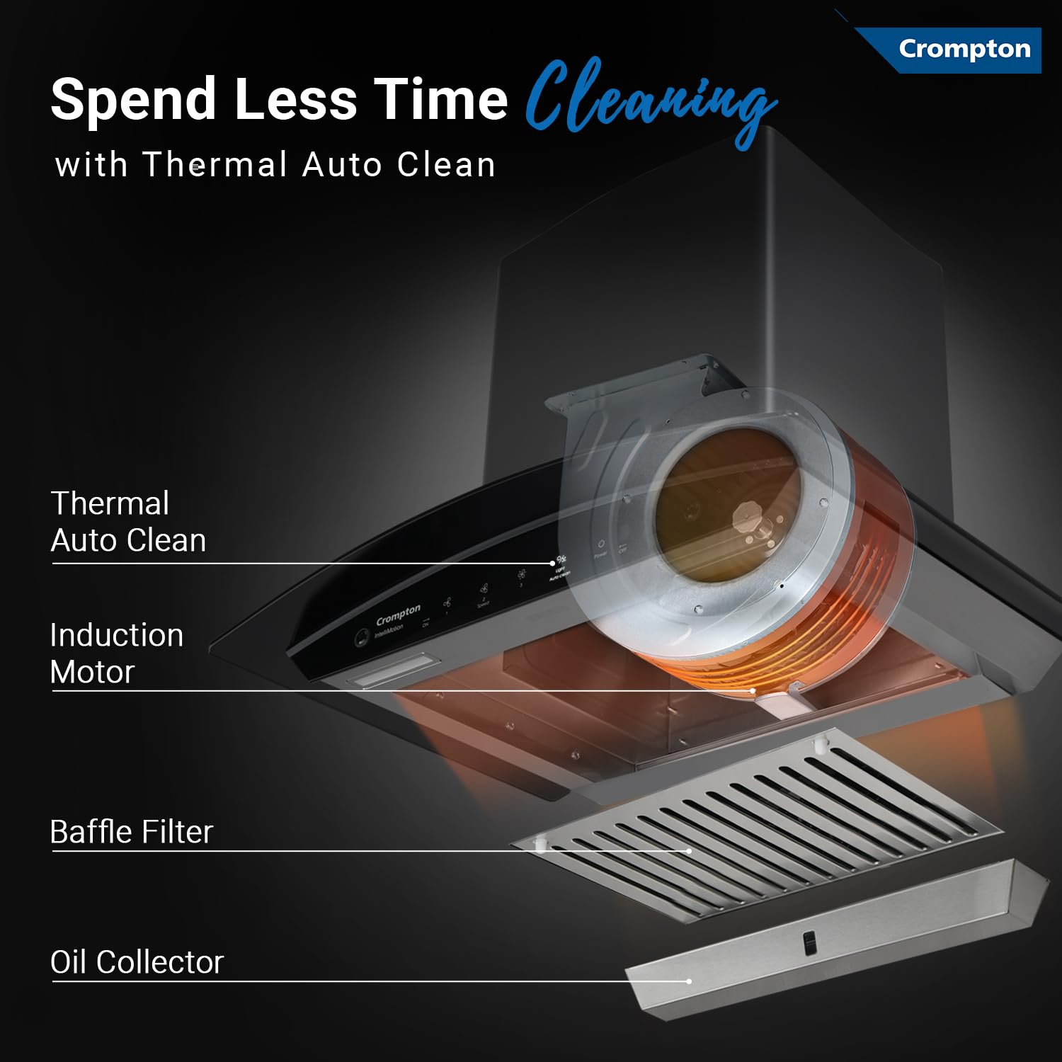Crompton IntelliMotion CHD-IMC90BFA-MBL 90 cm Curved Glass Kitchen Chimney with Auto-Clean & 990 m³/hr Suction Mahajan Electronics Online