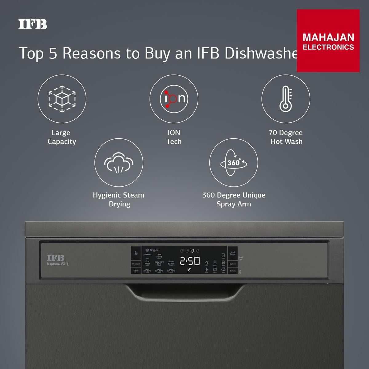 IFB Neptune VX16 16 Place Setting Dishwasher (Inox Grey) | Auto Door Open, ION Tech, 360° Spray Arms, Steam Drying – Mahajan Electronics Online.