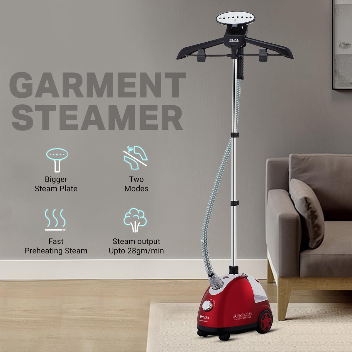 INALSA Standing Garment Steamer 1900 W Steam Iron for Clothes | Steam Output up to 28 g/min | 1.4L Tank | 50 Min Continuous Steam | Overheat Protection | Automatic Shut Off | Upright 1900. INALSA ONLINE MAHAJAN ELECTRONICS