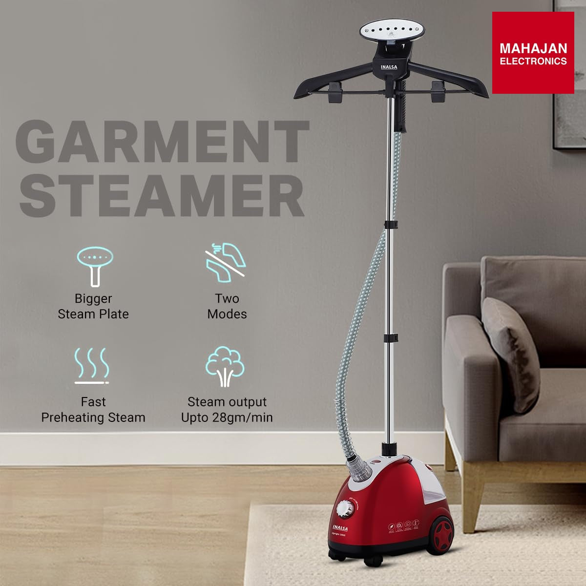Inalsa Upright 1900 W Standing Garment Steamer with 1.4 L Tank, 28 g/min Steam Output & Auto Shut Off (Black) – Mahajan Electronics Online.