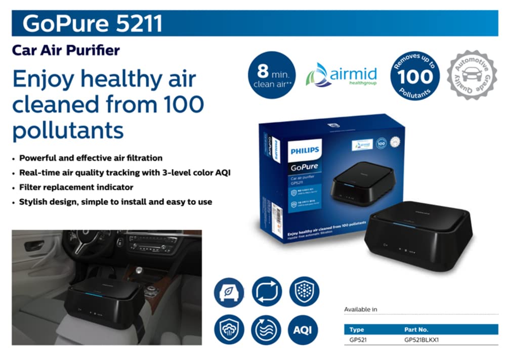 Philips GoPure 5211 Car Air Purifier (Black) With HEPA and HESA Fliter 3 Color AQI Indicator Mahajan Electronics Online