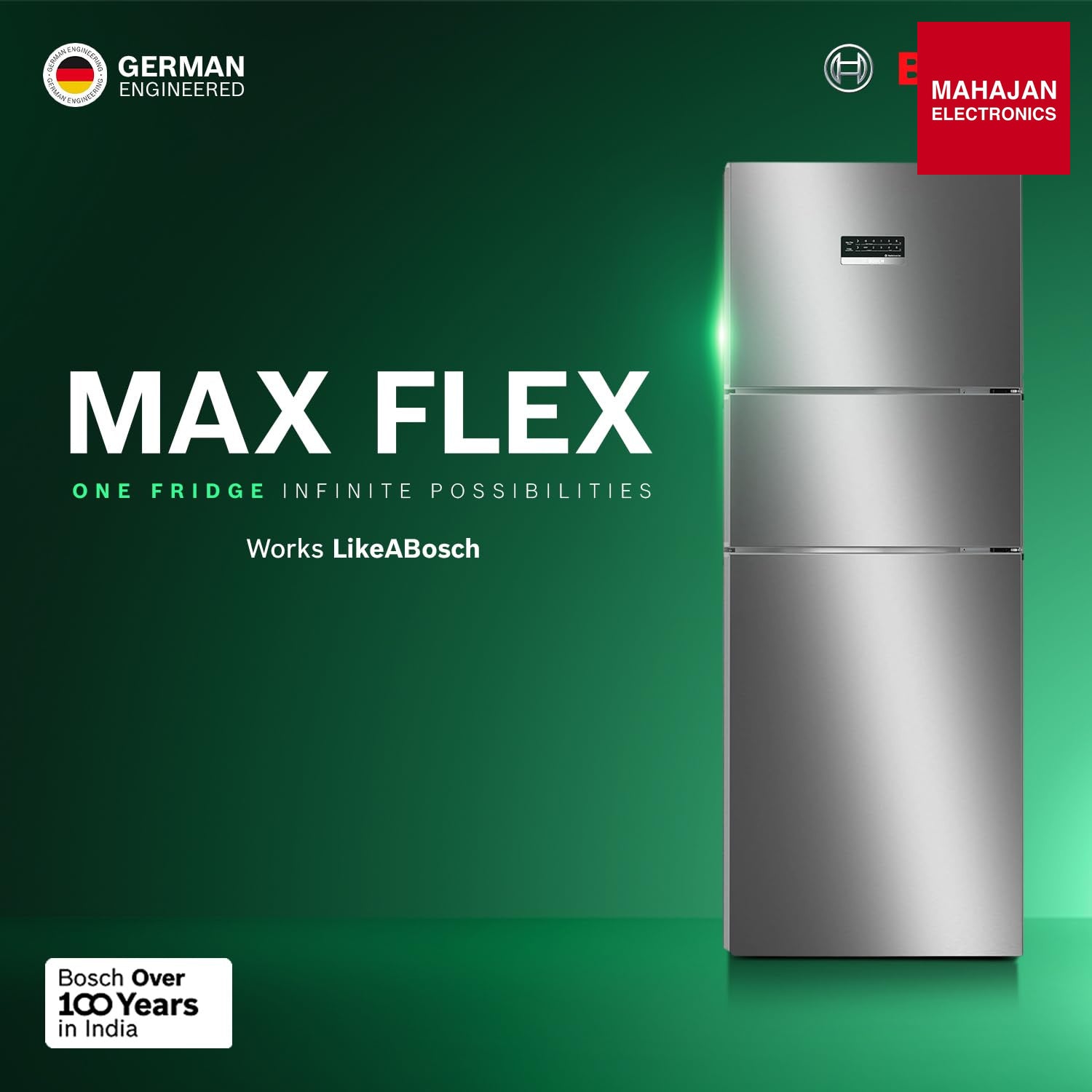 Bosch CMC33K03NI 302L, 3 Star, MaxFlex Convert Frost Free Triple Door Refrigerator | 8-in-1 Convertible Storage Modes | 57L Extra Convertible Zone | Cool Extend up to 18 hours (, Smokey Steel) Bosch online mahajan electronics