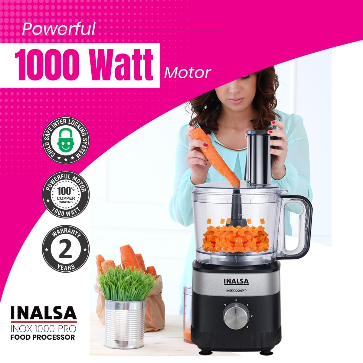 Inalsa Food Processor Inox1000 Pro For Kitchen With Mixer Grinder Juicer|1000 Watt Copper Motor – Mahajan Electronics Online.