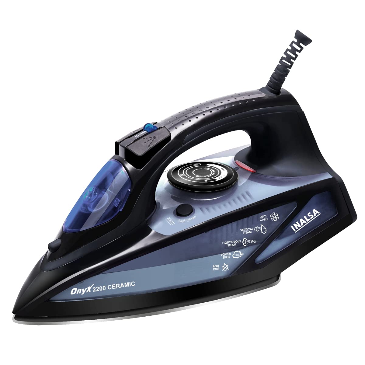 Inalsa Steam Iron Onyx 2200 Watt, Quick Heat Up with up to 30 g/min steam, 100 g steam Boost, Water Spray, Scratch Resistant Ceramic Soleplate, Vertical steam, Anti Drip & Anti Calc Functions. INALSA