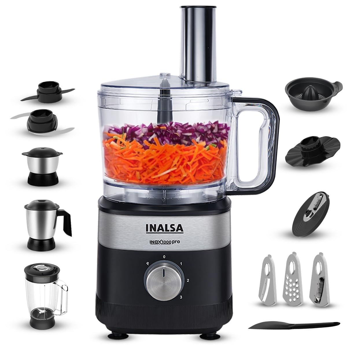 Inalsa Inox 1000 Pro Food Processor | 1000 Watts | 2.5L Bowl Capacity | Multi-Function | Black | 24 Months Warranty