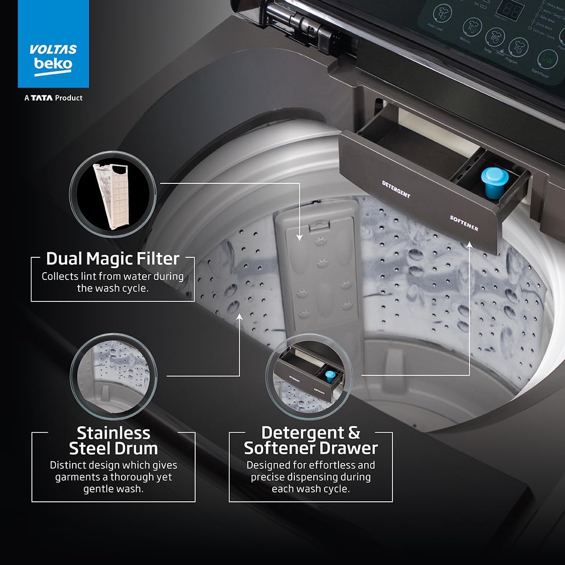 Voltas Beko WTL1006UEAH/DPBOHD 10 Kg 5 Star Fully Automatic Top Load Washing Machine with Inbuilt Heater – Dark Grey Mahajan Electronics online