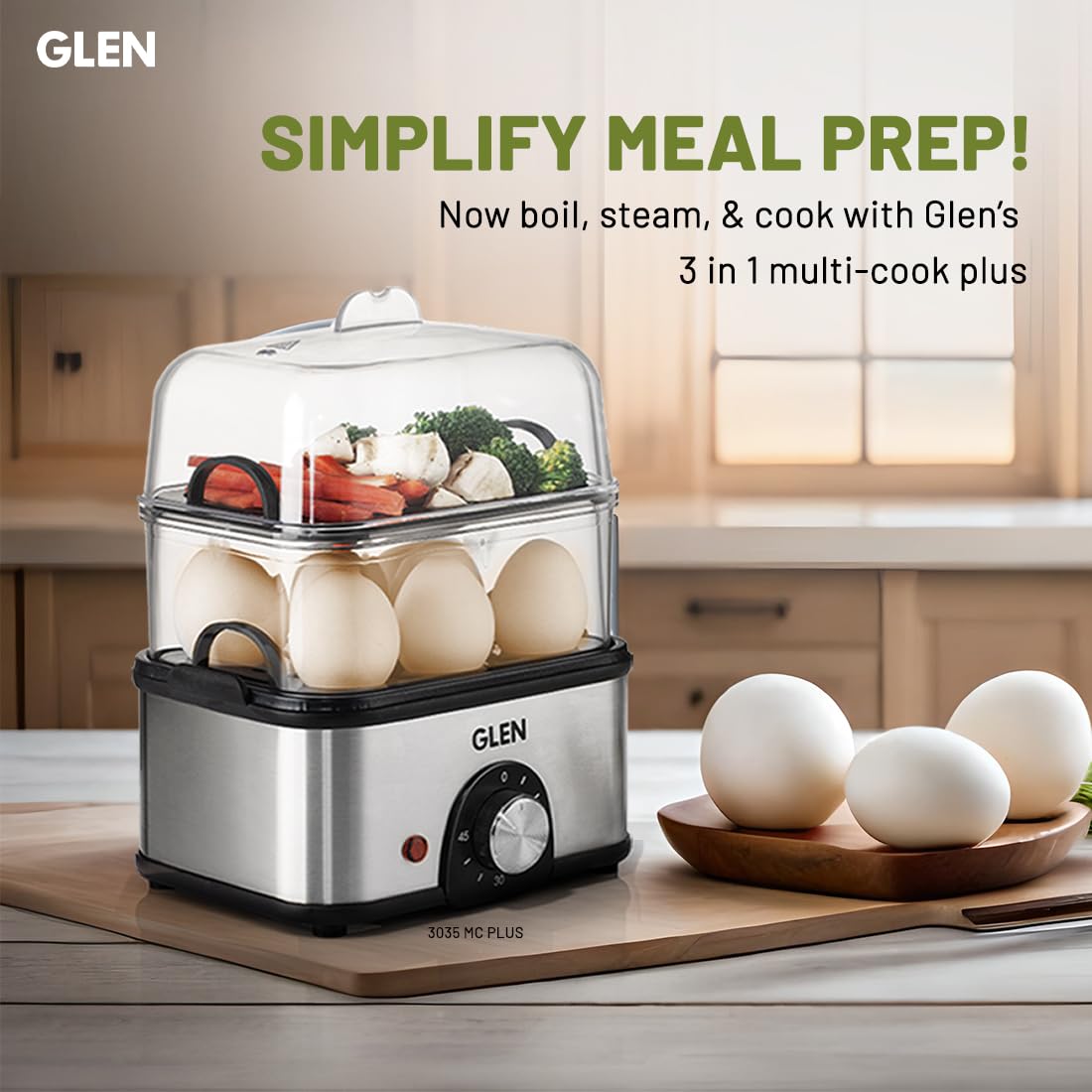 Glen SA3035 MC PLUS 3 in 1 Electric Multi Cooker Steam Egg Boiler with Extra Layer Rack - Steam, Cook & Boil, 350W, 45 Minutes Timer, Boils up to 14 Eggs at a time, boil dry protection with lid