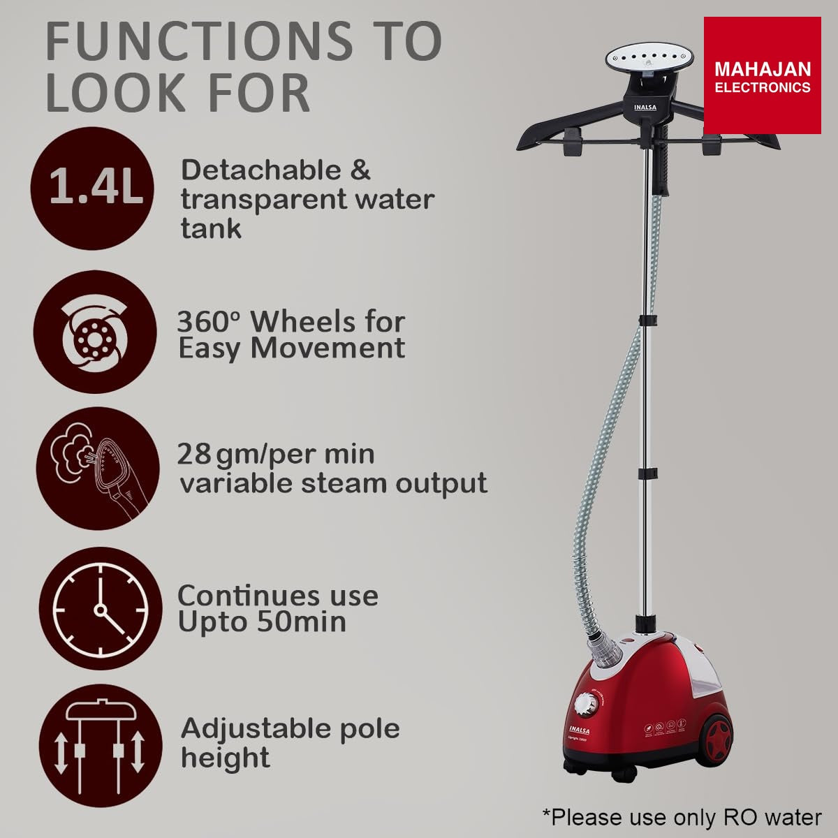 Inalsa Upright 1900 W Standing Garment Steamer with 1.4 L Tank, 28 g/min Steam Output & Auto Shut Off (Black) – Mahajan Electronics Online.
