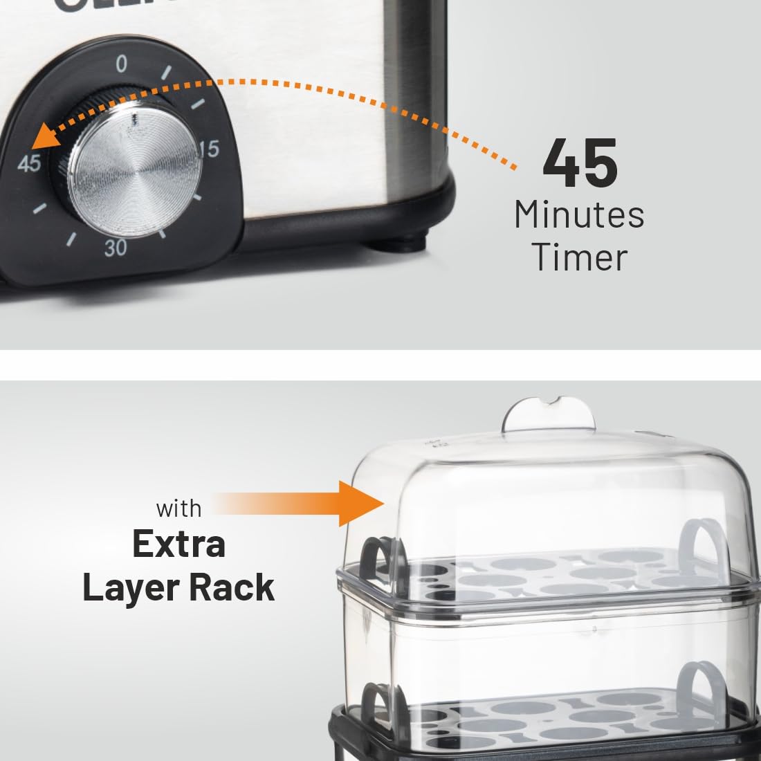 Glen SA3035 MC PLUS 3 in 1 Electric Multi Cooker Steam Egg Boiler with Extra Layer Rack - Steam, Cook & Boil, 350W, 45 Minutes Timer, Boils up to 14 Eggs at a time, boil dry protection with lid