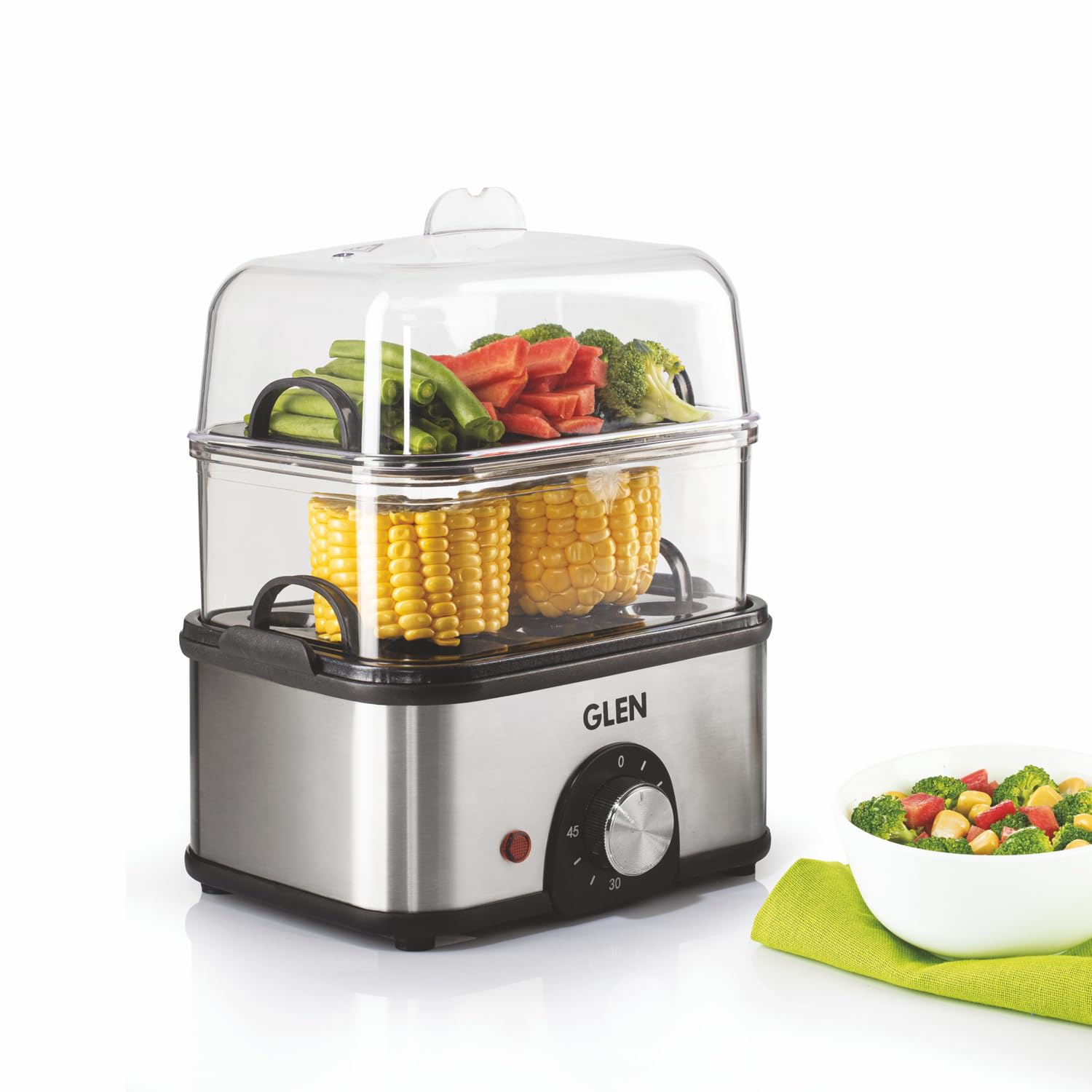 Glen SA3035 MC PLUS 3 in 1 Electric Multi Cooker Steam Egg Boiler with Extra Layer Rack - Steam, Cook & Boil, 350W, 45 Minutes Timer, Boils up to 14 Eggs at a time, boil dry protection with lid