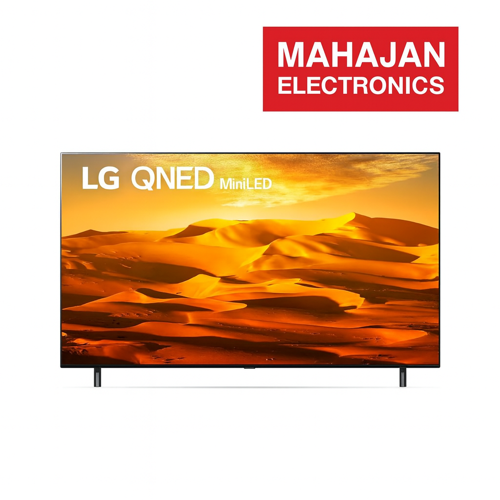 LG QNED MiniLED television displaying a desert scene with Mahajan Electronics logo above.