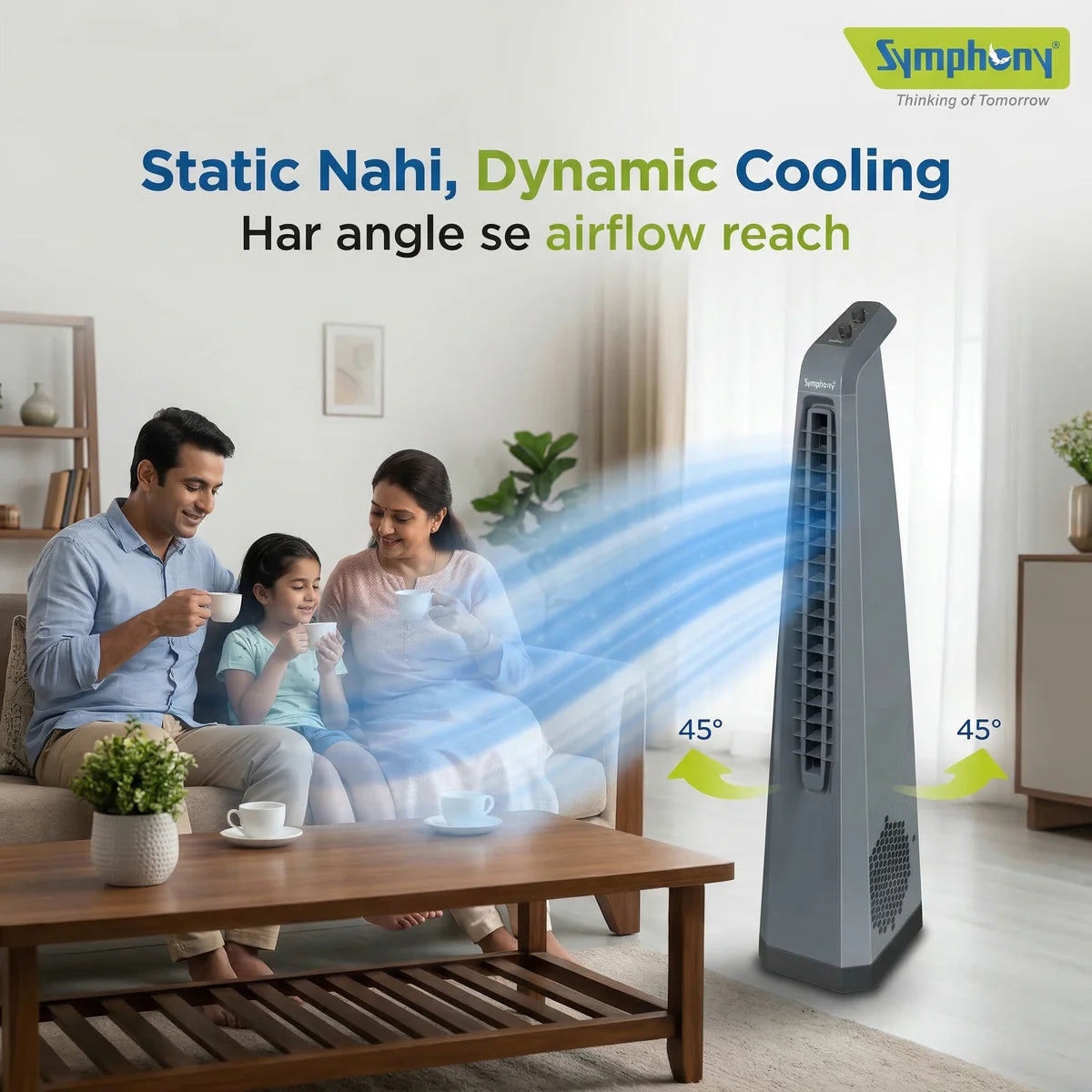 Symphony Surround Sr. Bladeless Tower Fan for Room | 90 Degree Swivel Action, Knob Control Panel | Low Power Consumption | Removable Dust Filter For Clean | 1 Year Warranty | Grey AFNTf03 Symphony