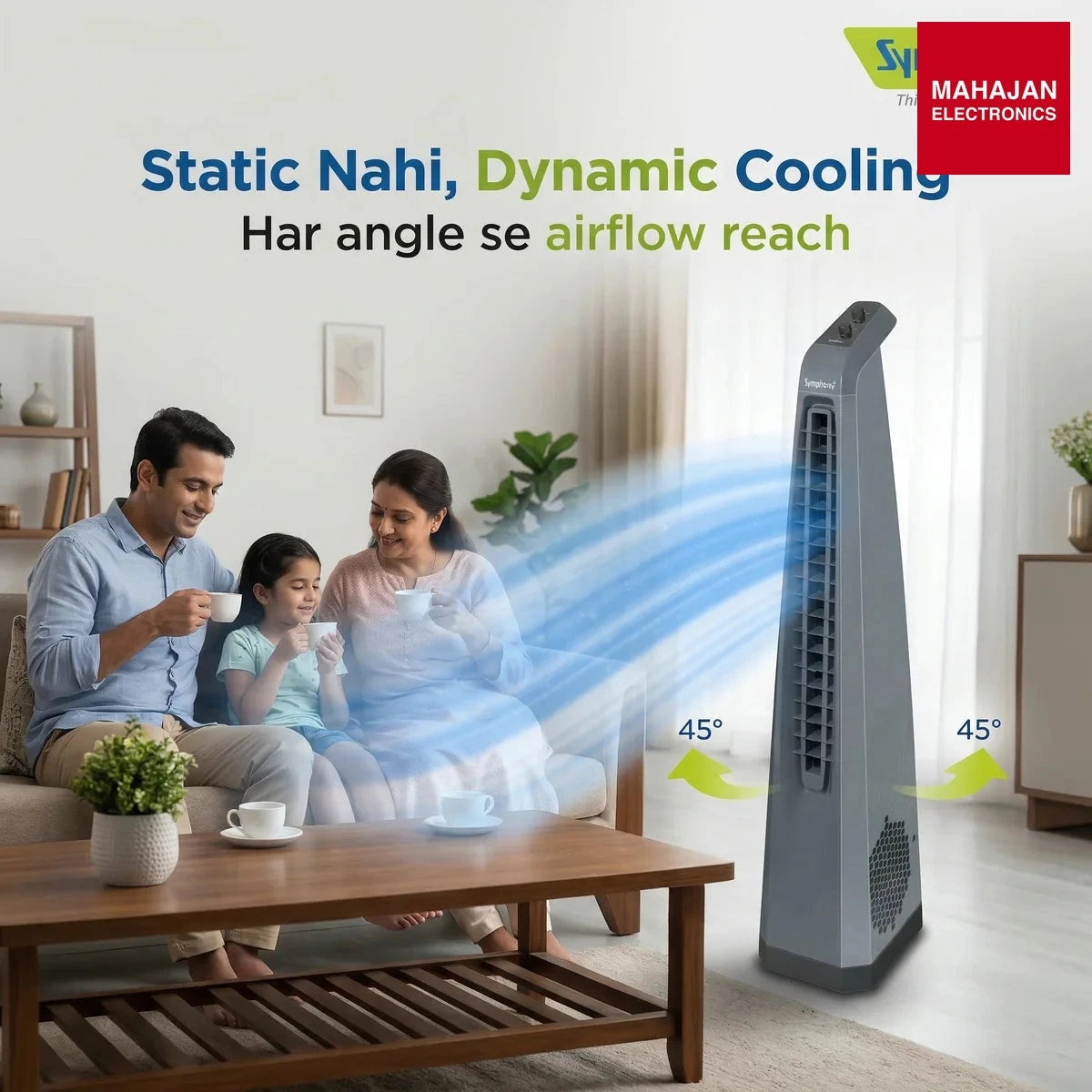 Symphony Surround Sr AFNTF023 Bladeless Tower Fan with 90 Degree Swivel, Knob Control & Removable Dust Filter (Grey) โ Mahajan Electronics Online.