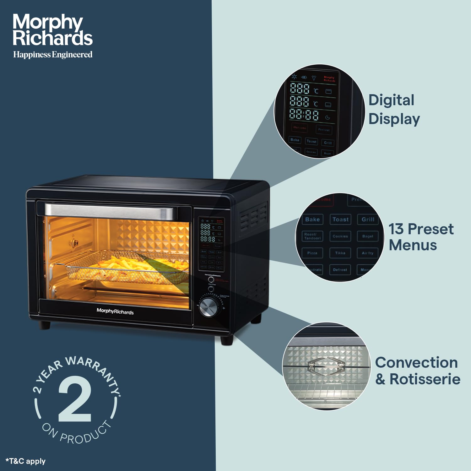 Morphy Richards 40RCAD Digi with Air Fryer Digital Otg Oven For Kitchen|40 Litre Oven Toaster Griller W/ 13 Preset Menu|Rotisserie,Convection W/In-Built Air-Fryer & Dehydrator Function|2-Yr Warranty By Brand|Deep Blue-2000W Mahajan Electronics Online