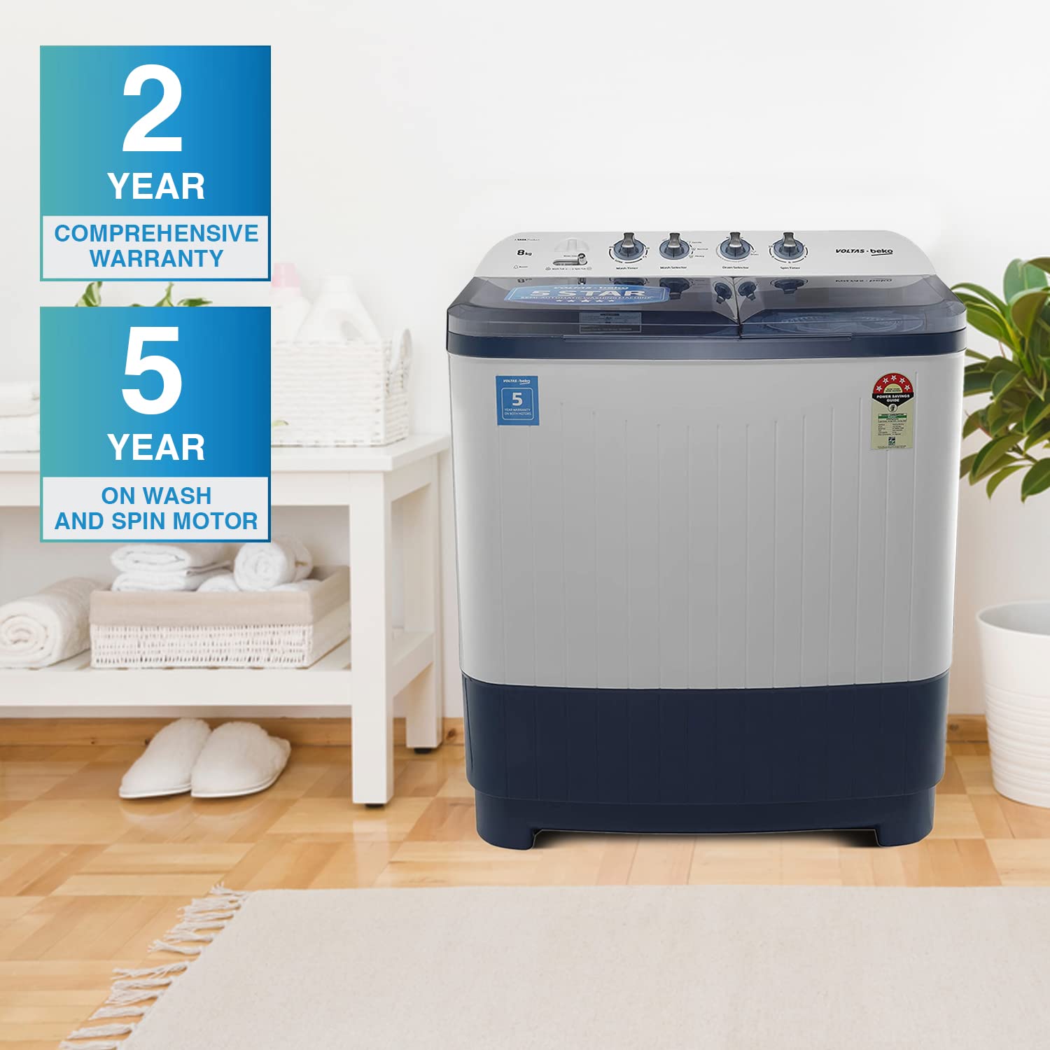 Voltas Beko WTT80DBLT 8 Kg Semi-Automatic Top Load Washing Machine | Double Waterfall | Soft Close Lid | Dual Cassette Filter | 1300 RPM Fast Dry | Sky Blue | Mahajan Electronics Voltas Beko