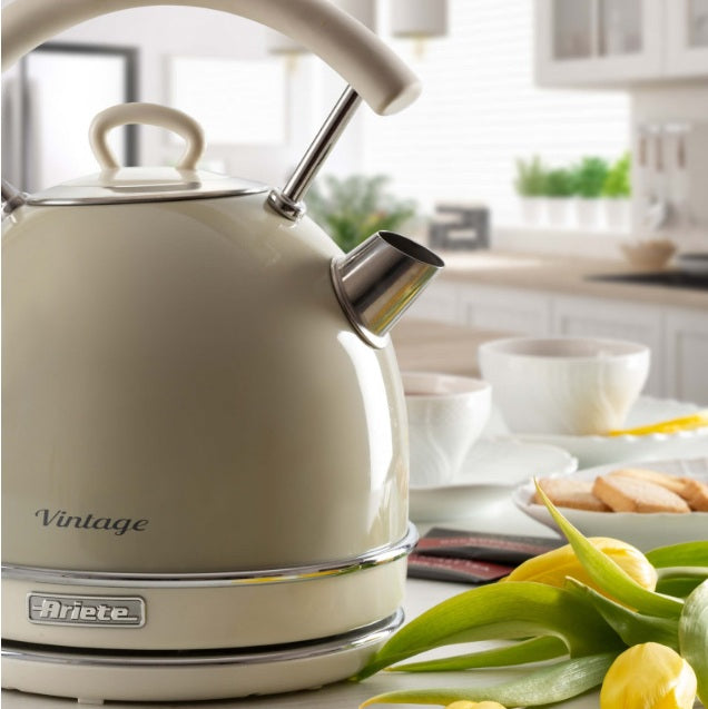 Ariete 2877 Vintage 1.7L Electric Kettle (Beige) | 2000W Stainless Steel | Retro Design | 360° Cordless Base | Auto Shut-Off Mahajan Electronics Online