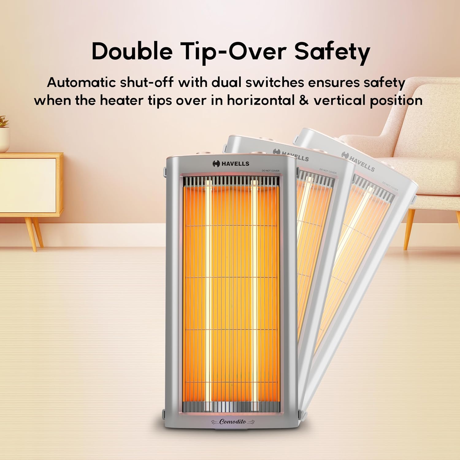 Havells Comodito 900 Watt Room Heater | Safety Grill, 120 Minute Sleep Timer Control knob | Rust Free Stainless Steal Reflector, Carbon Fiber Rods, Power Off & Heat Setting | (Pack of 1, Grey) GHRGHCHE090 Mahajan Electronics Online