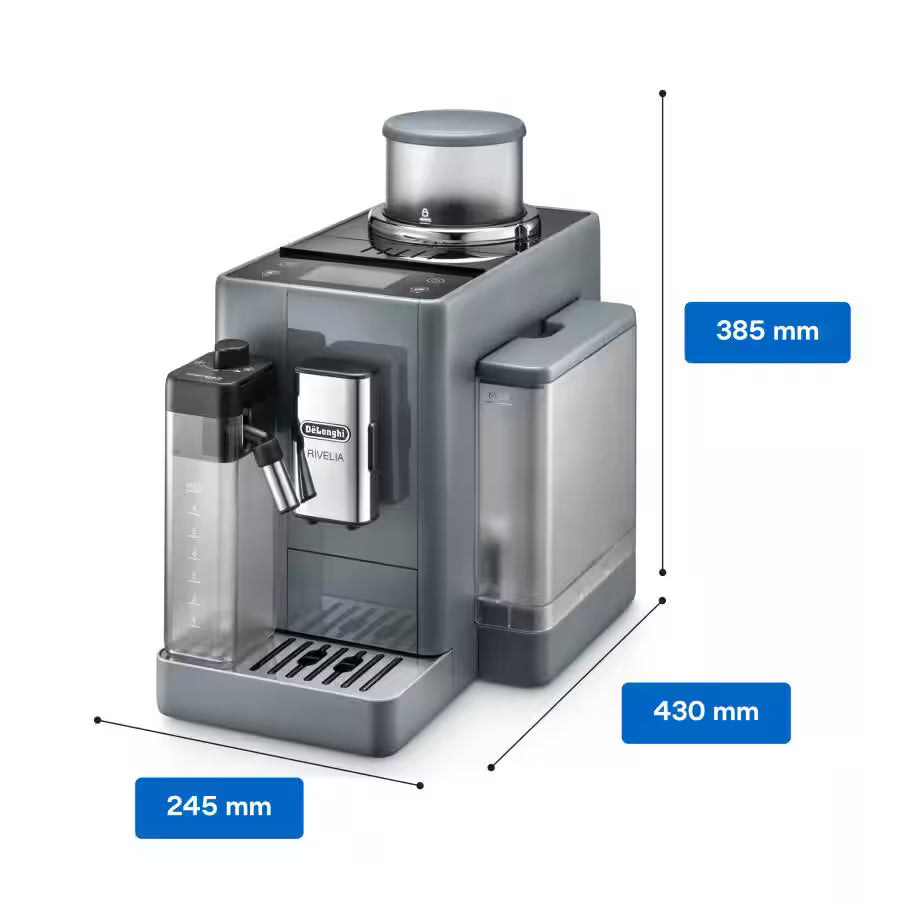 De'Longhi Rivelia EXAM440.55.G Fully Automatic Coffee Machine – LatteCrema Hot, Automatic Milk Frother, Bean-to-Cup, 16 Coffee Recipes, Compact Design, Full Touch Color Display – Grey Mahajan Electronics Online