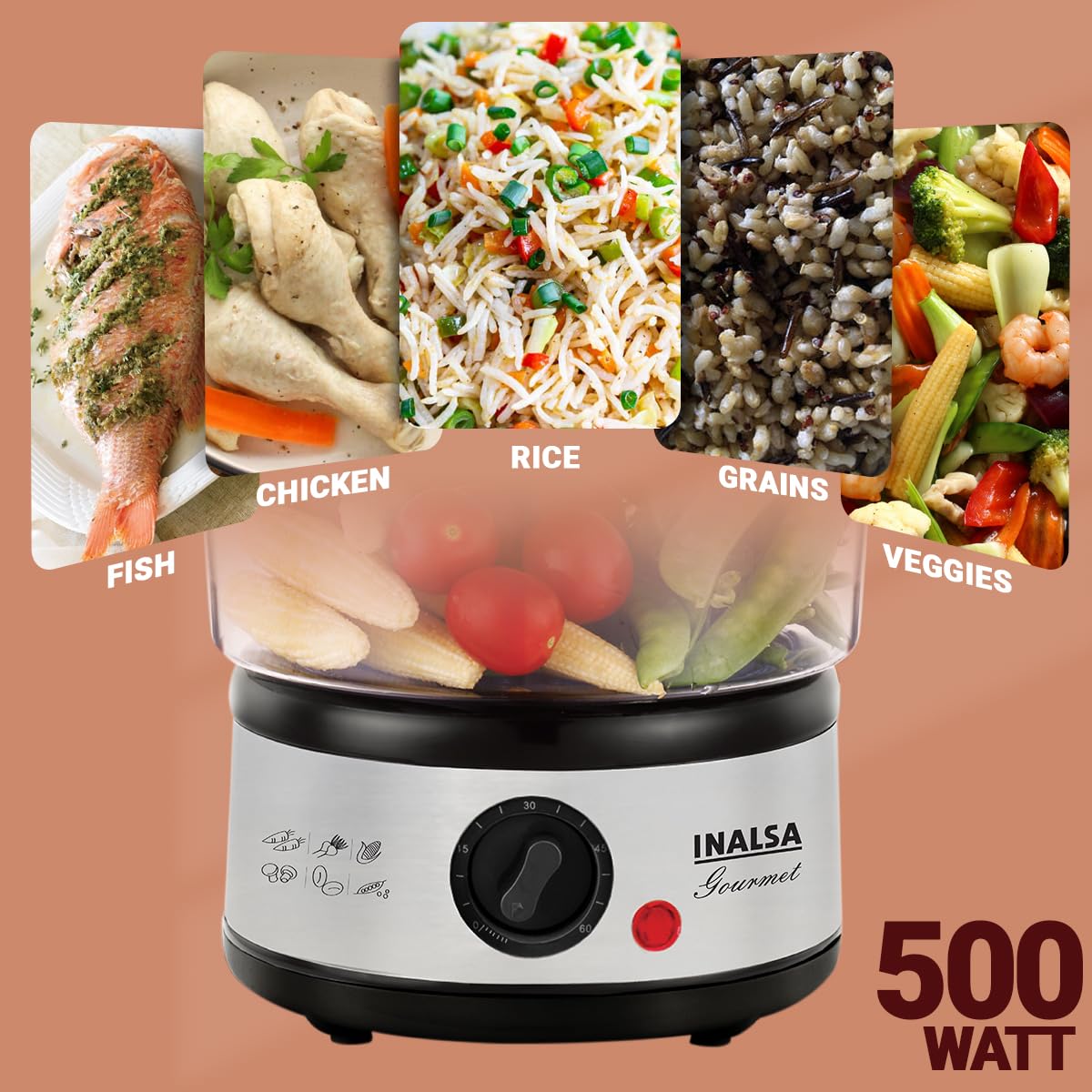 Inalsa 5L Gourmet Multi-Function 500W-Food Steamer & Egg Boiler with LED Indicator,BPA-Free 2 Tier Stackable Baskets,Stainless Steel Base,Fits 14 Eggs in One Go (Black/Silver) INALSA