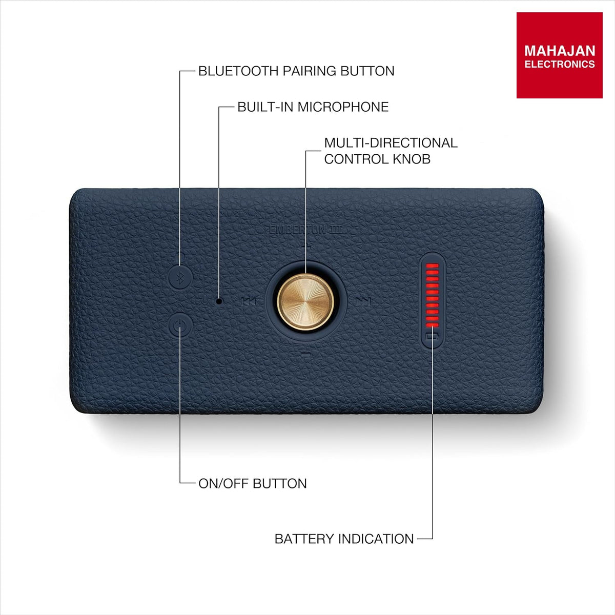 Marshall Smartchoice Emberton III Compact Portable Bluetooth Speaker with 32+ Hours of Playtime, (360ยฐ Sound), Dust & Waterproof (IP67) โ Midnight Blue โ Mahajan Electronics Online.