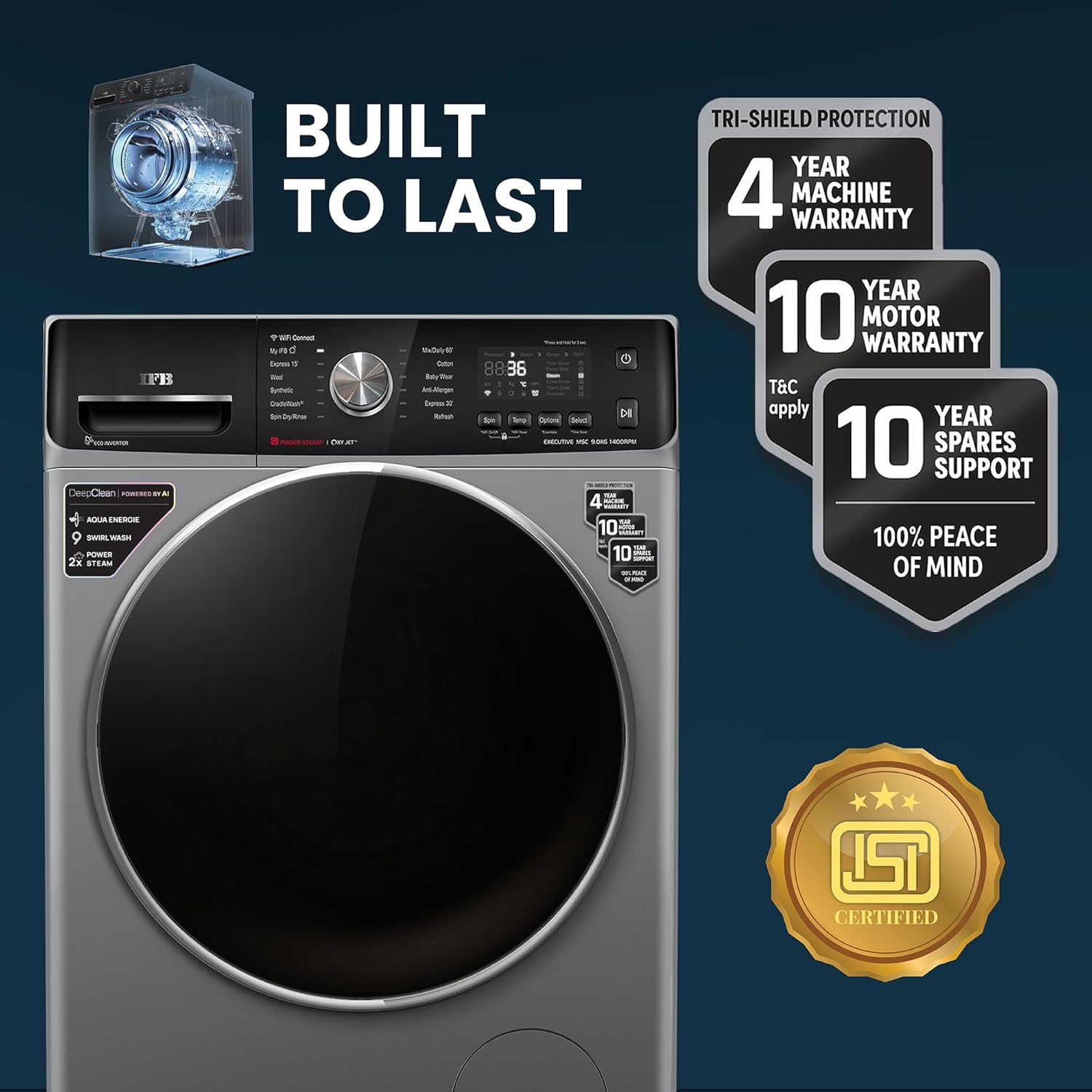 IFB EXECUTIVE MSC 9014 SSLC 9Kg 5 Star with Deep Clean Oxyjet Technology, AI Powered, Wi-Fi, Fully Automatic Front Load Washing Machine ( Steam Refresh Program with Eco Inverter, Metallic Silver) Mahajan Electronics Online