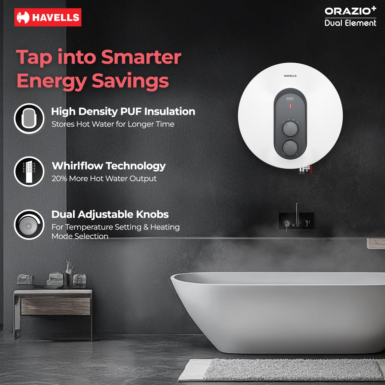 Havells ORAZIO+ 25L Storage Water Heater(Geyser)|5 Star Rated|33% Faster Heating|Dual adjustable knob|Whirlflow Technology|High Rise suitable|Safer to use| Feroglas Coated Inner Container (White Grey) HAVELLS