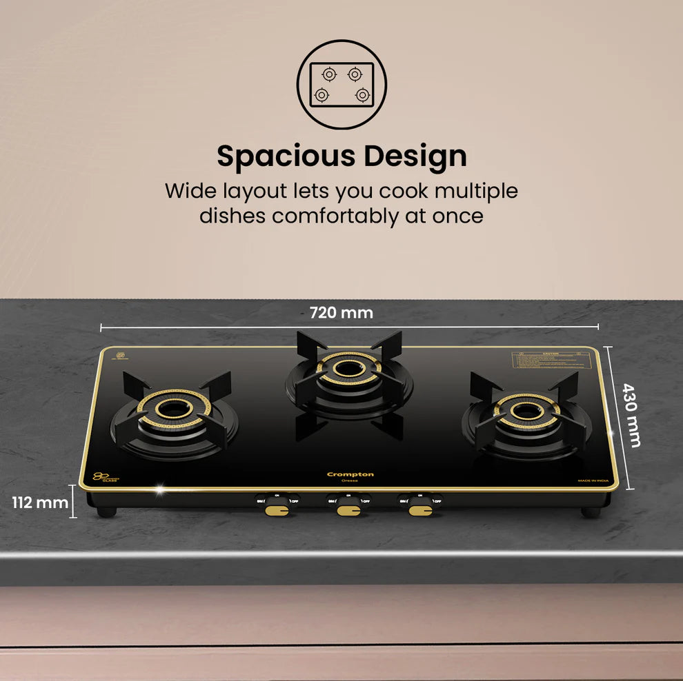 Crompton Oressa CKT-ORR723-MSB 3 Burner 72 cm Slim Glass Cooktop Mahajan Electronics Online
