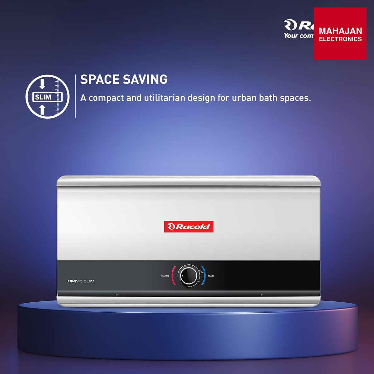 Racold Omnis Slim 25L Horizontal Energy Efficient Storage Water Heater (Geyser) With Free Standard β Mahajan Electronics Online.