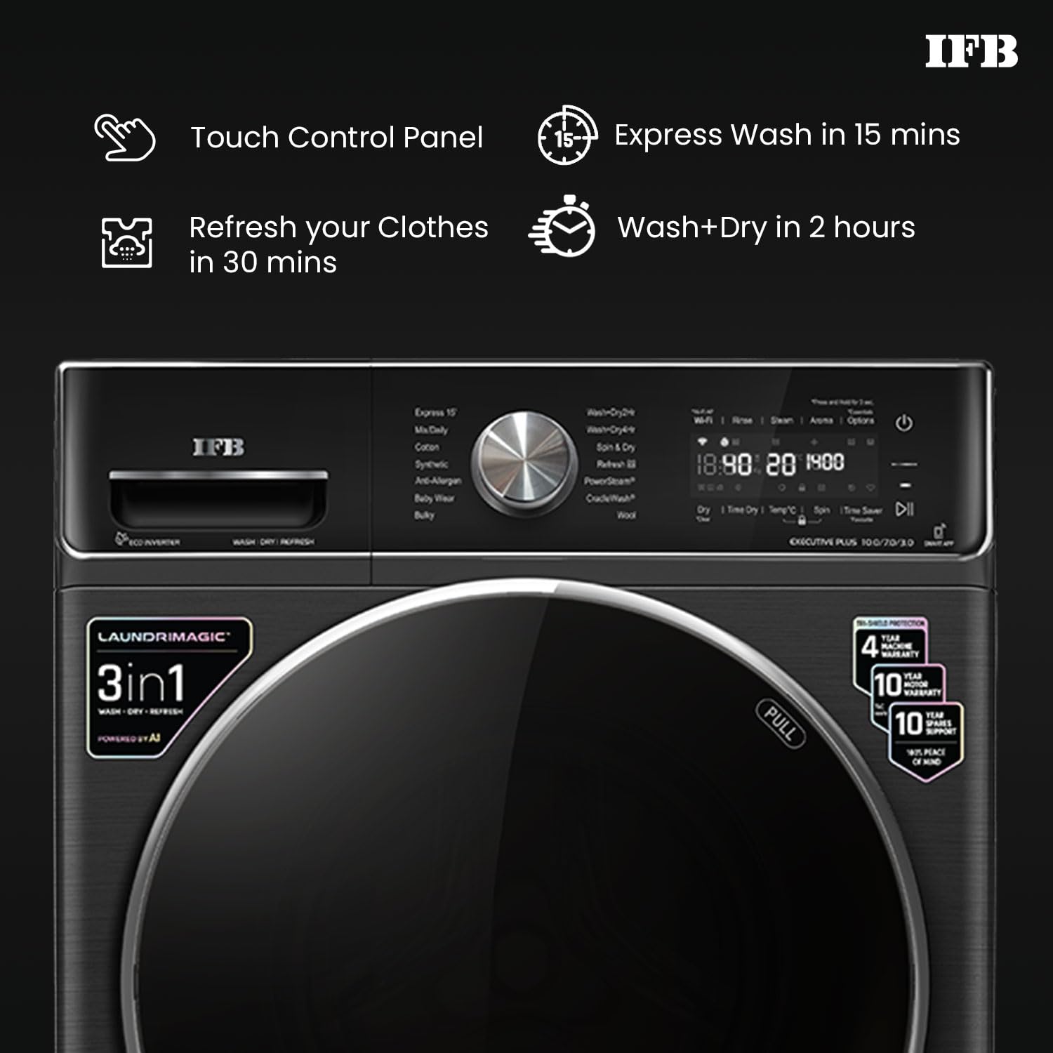 IFB EXECUTIVE PLUS ZXB 10 Kg/7 Kg/3 Kg 3-in-1, AI Powered, Fully Automatic Washer Dryer Refresher (IFB Laundrimagic, 9 Swirl Wash, Eco Inverter Technology, Black VCM) Mahajan Electronics Online