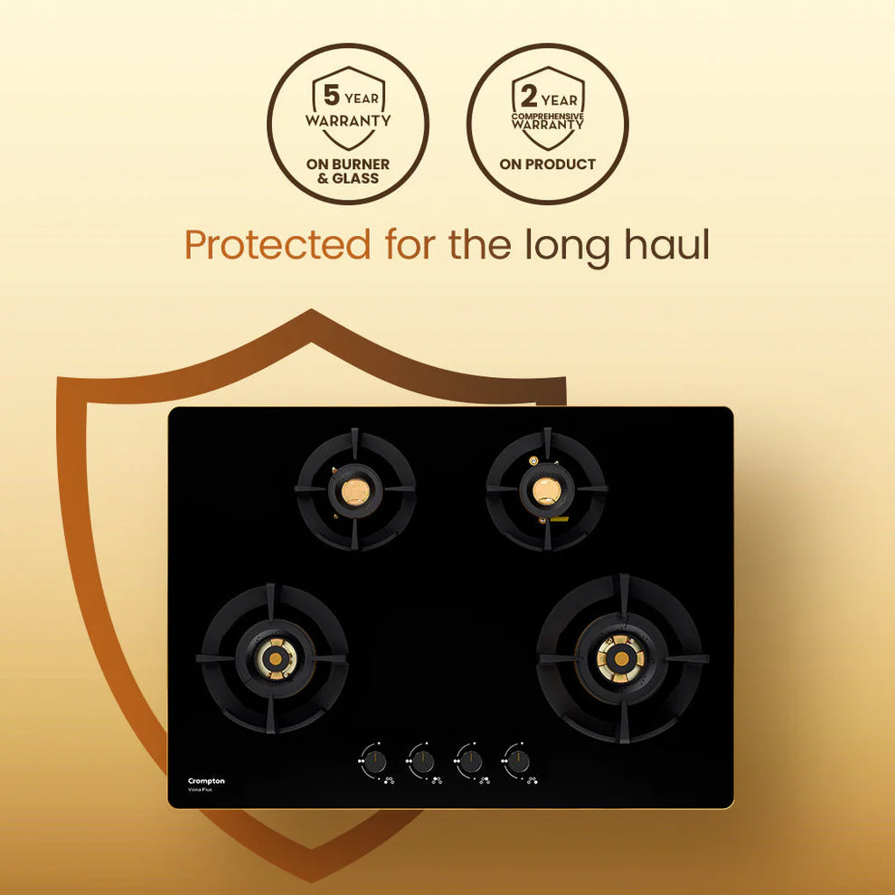 Crompton HOB-VPDC-MBL 82 cm 4 BurnerS Built-in Gas Hob With High Efficiency Brass Burners, Auto-Ignition and 8 MM Toughened Glass Mahajan Electronics Online