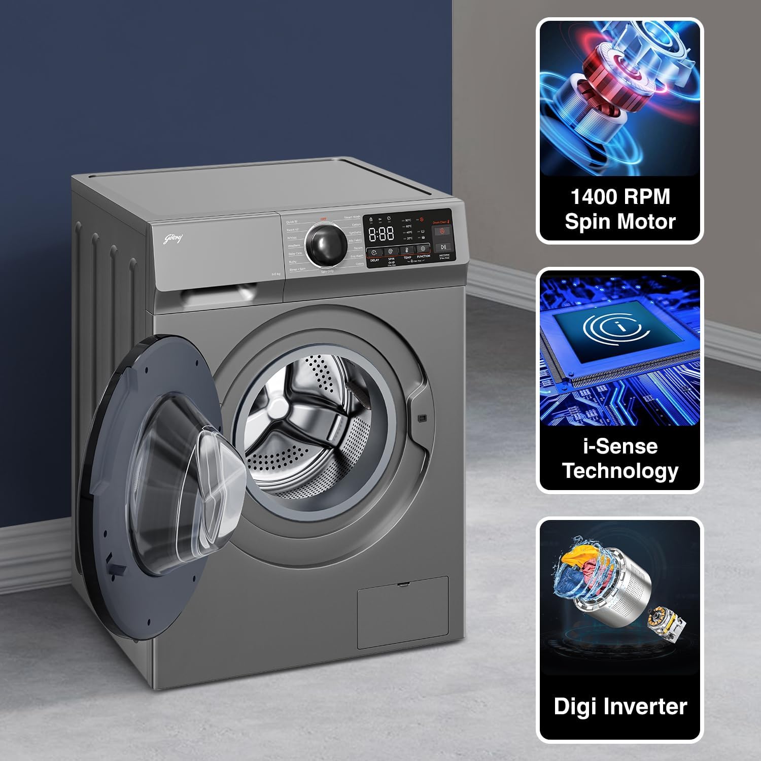 Godrej WFEON CEL 8014 IEBT SLSR 8 Kg 5 Star, With AI Tech, Digi Inverter Fully-Automatic Front Load Washing Machine Mahajan Electronics Online