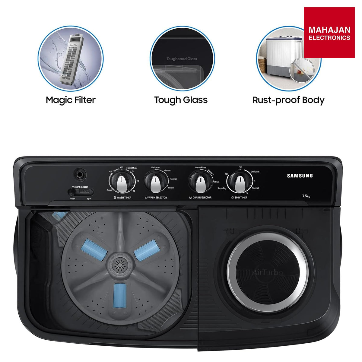 Samsung WT75B3200GD/TL 7.5 Kg 5 Star Semi Automatic Top Load Washing Machine | Hexa Storm Pulsator, Air Turbo Drying – Mahajan Electronics Online.