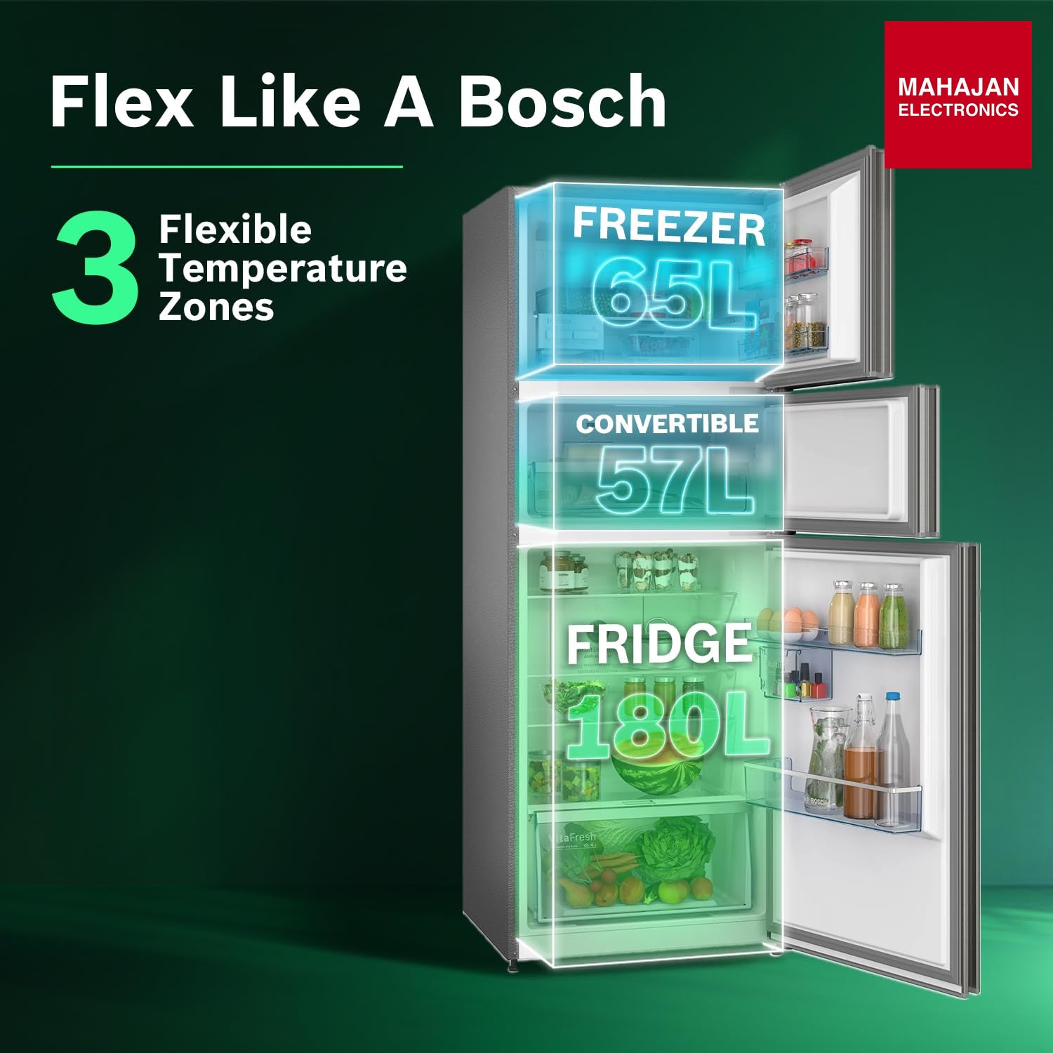 Bosch CMC33K03NI 302L, 3 Star, MaxFlex Convert Frost Free Triple Door Refrigerator | 8-in-1 Convertible Storage Modes | 57L Extra Convertible Zone | Cool Extend up to 18 hours (, Smokey Steel) Bosch online mahajan electronics