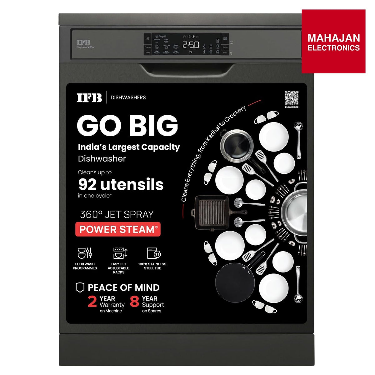 IFB Neptune VX16 16 Place Setting Dishwasher (Inox Grey) | Auto Door Open, ION Tech, 360° Spray Arms, Steam Drying – Mahajan Electronics Online.